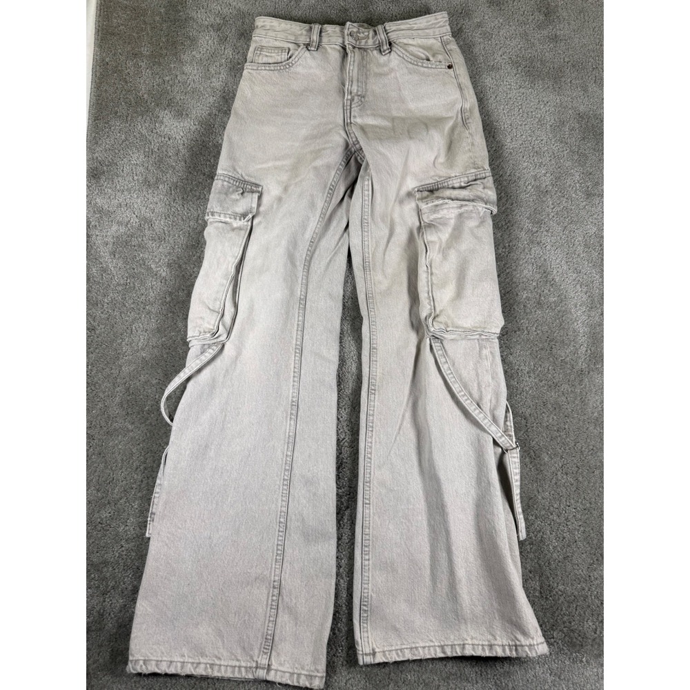 Zara Womens Light Gray Wide Leg Cargo Jeans Size 0 High Waisted Utility Denim